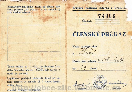 Členský průkaz hasiče pana Antonína Genrta - foto poskytl pan Jiří Genrt ze Zlíče